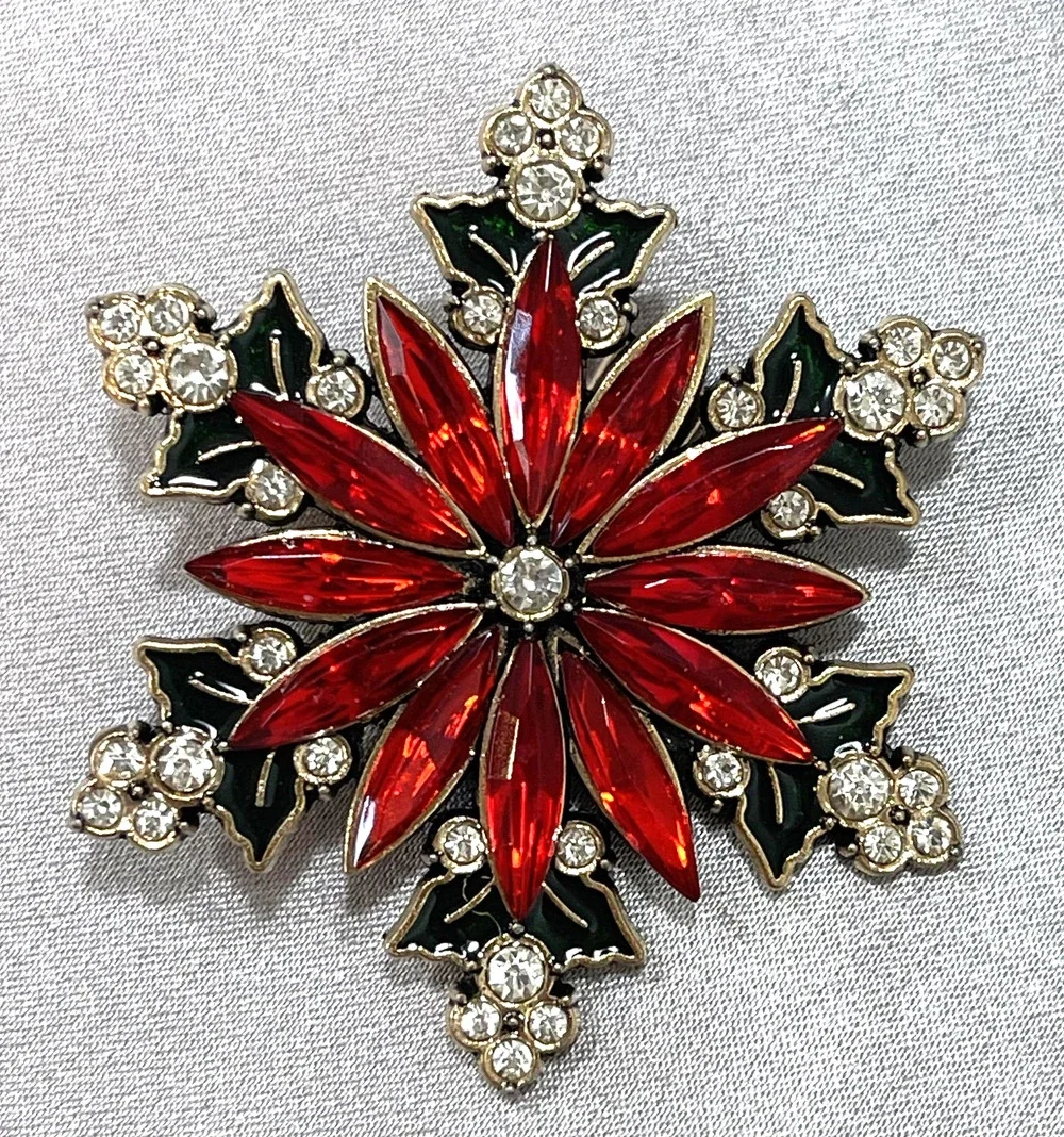 NWOT Red Flower Brooch Red Glass Rhinestone Poinsettia Holidays Christmas